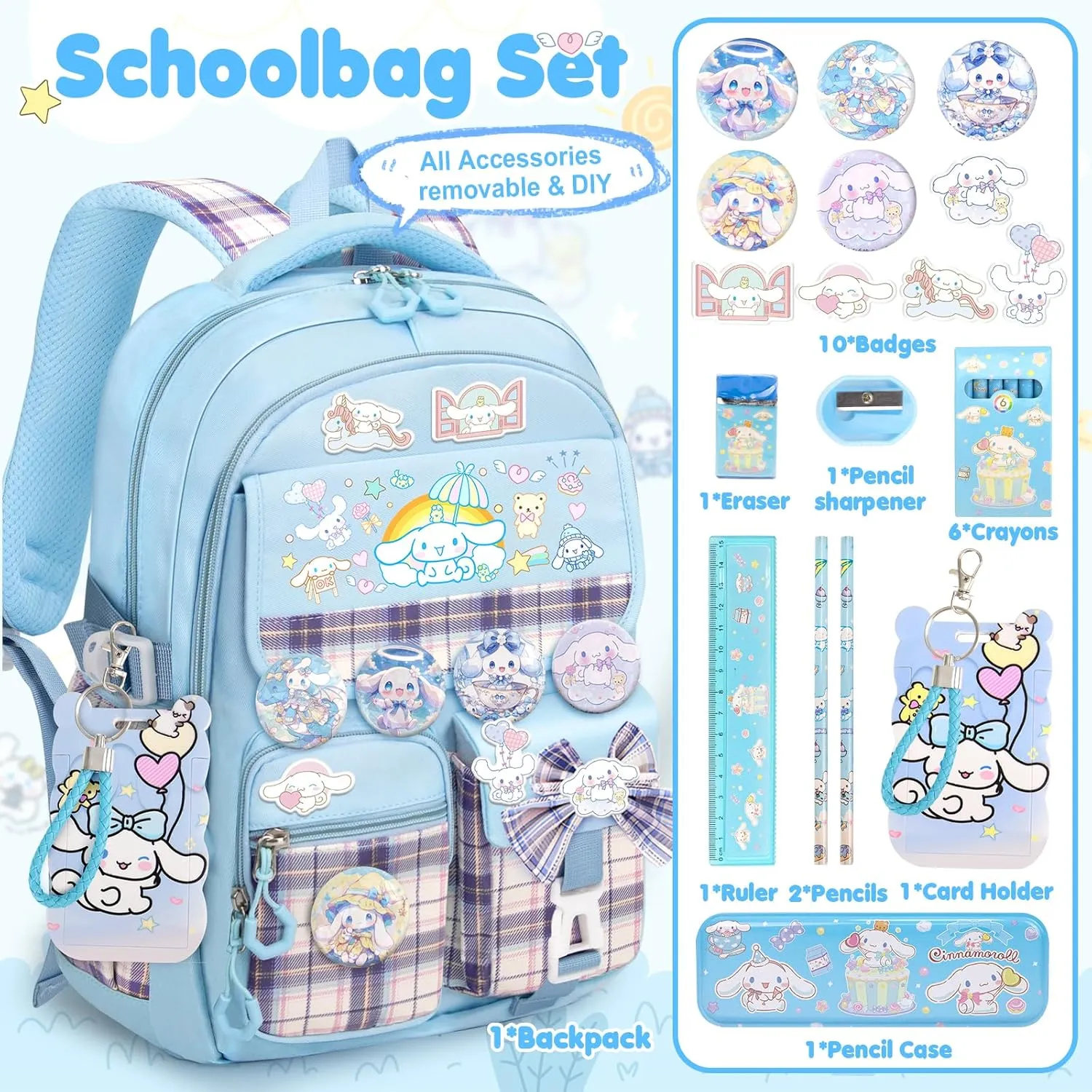 19IN Backpack for Girls with 24Pcs Kawaii Accessories, Anime Anti-Theft Schoolbag for Students Aged Above 9 Years Old, New Semester Presents with Pins and Card Holder