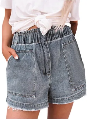 2025 Casual Women Denim Shorts Elastic High Waisted Ripped Short Jean Stretchy Elastic Waist Jean with Pockets