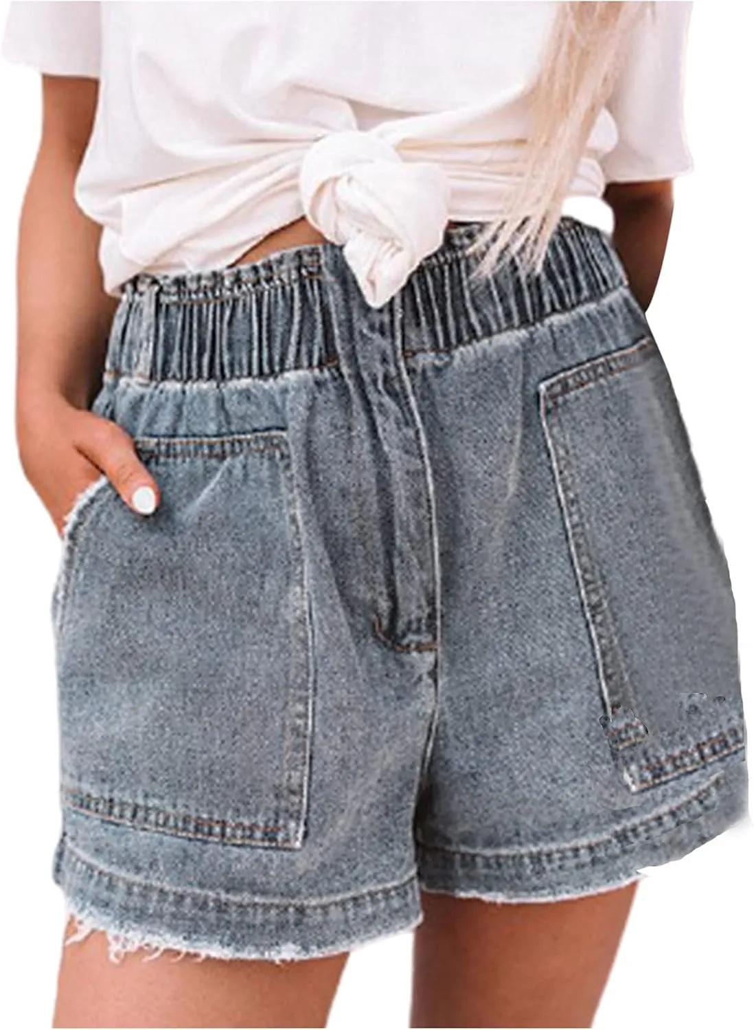 2025 Casual Women Denim Shorts Elastic High Waisted Ripped Short Jean Stretchy Elastic Waist Jean with Pockets
