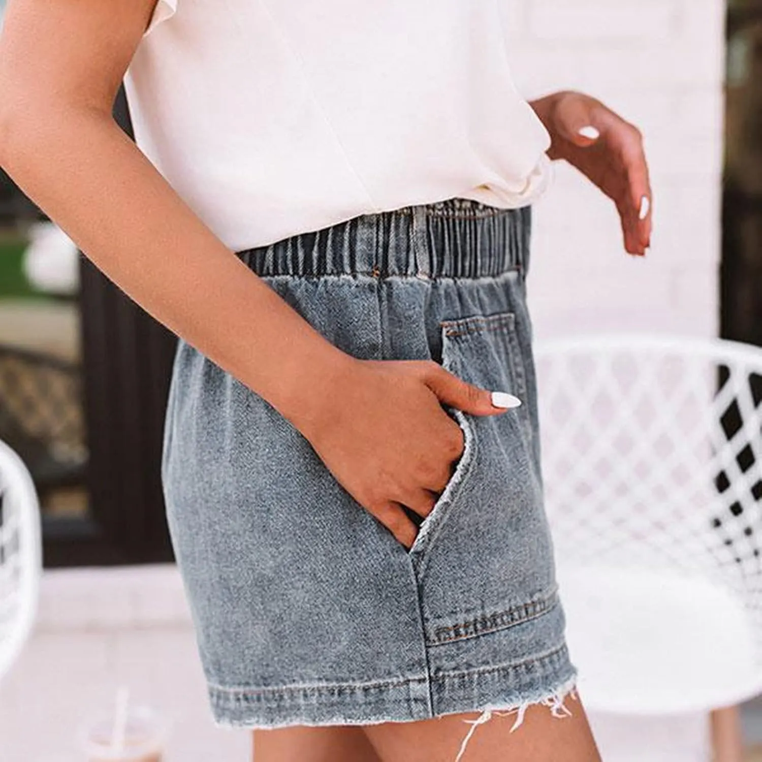 2025 Casual Women Denim Shorts Elastic High Waisted Ripped Short Jean Stretchy Elastic Waist Jean with Pockets