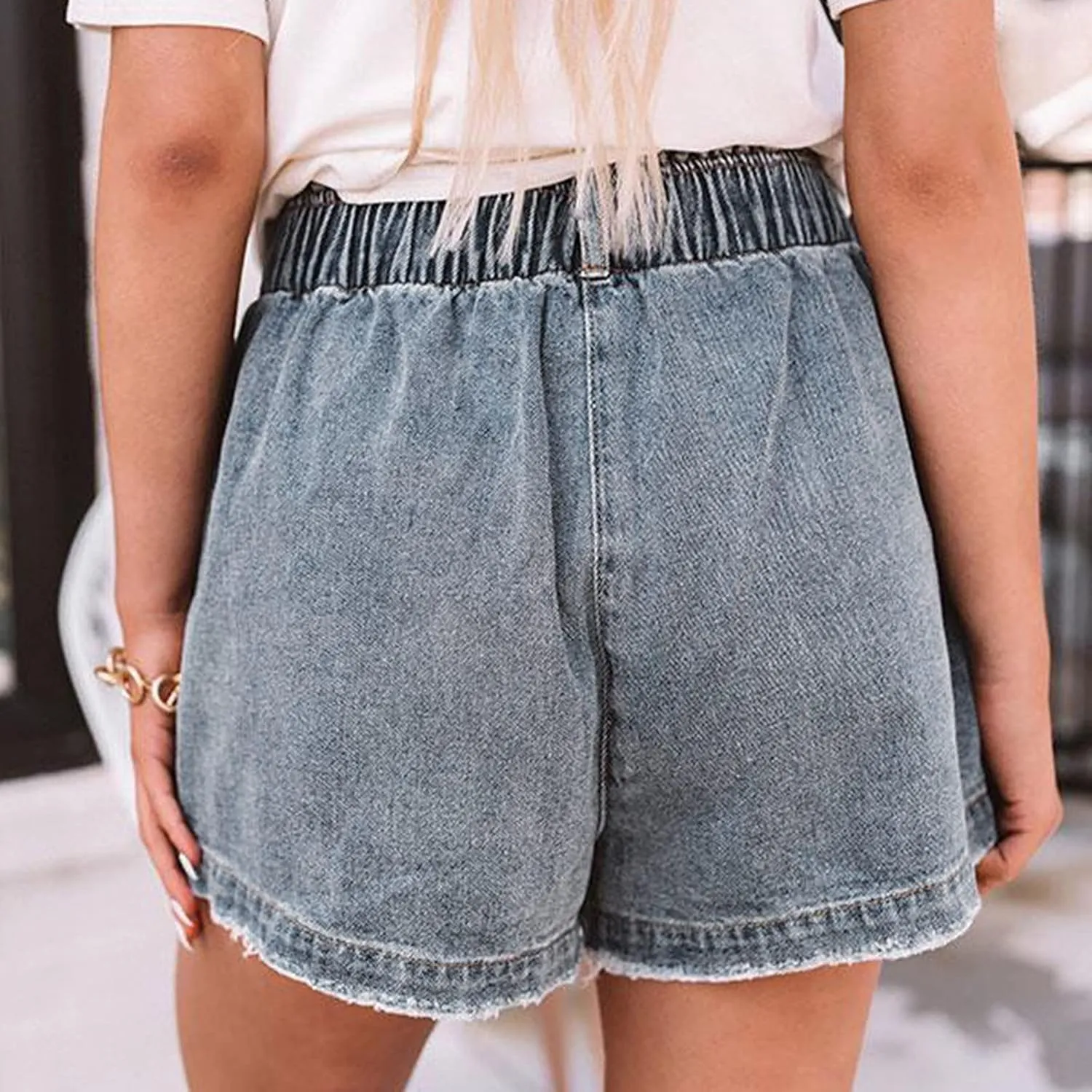 2025 Casual Women Denim Shorts Elastic High Waisted Ripped Short Jean Stretchy Elastic Waist Jean with Pockets