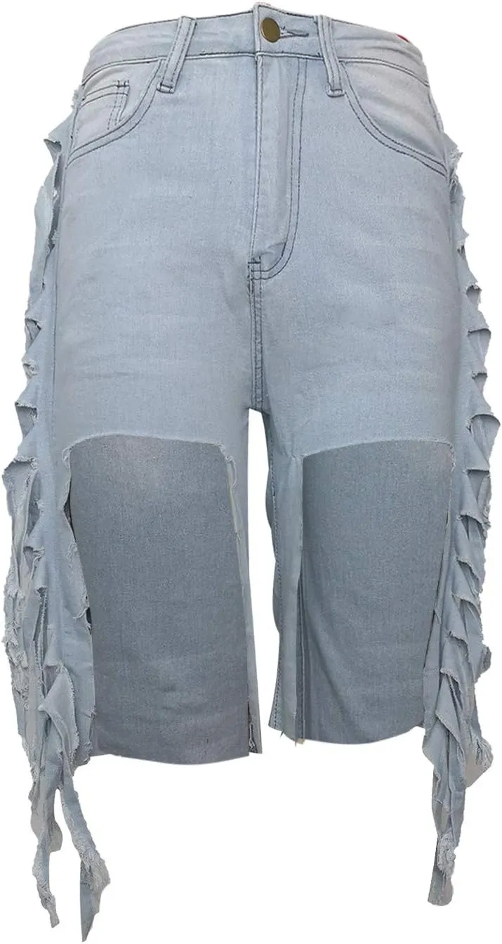 2025 Women's High Waisted Ripped Shorts Cut Out Destroyed Frayed Tassels Distressed Denim Pants Sexy Mini Shorts
