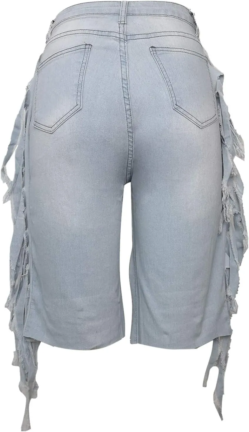 2025 Women's High Waisted Ripped Shorts Cut Out Destroyed Frayed Tassels Distressed Denim Pants Sexy Mini Shorts