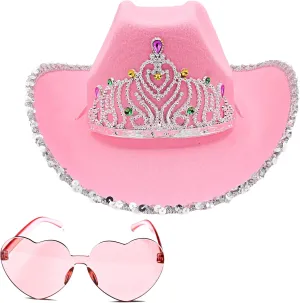4E's Novelty Preppy Pink Cowgirl Hat with Heart Shaped Sunglasses - Pink Cowboy Hat with Tiara Crown for Adult Cowgirl Costume Accessories for Women Western Party