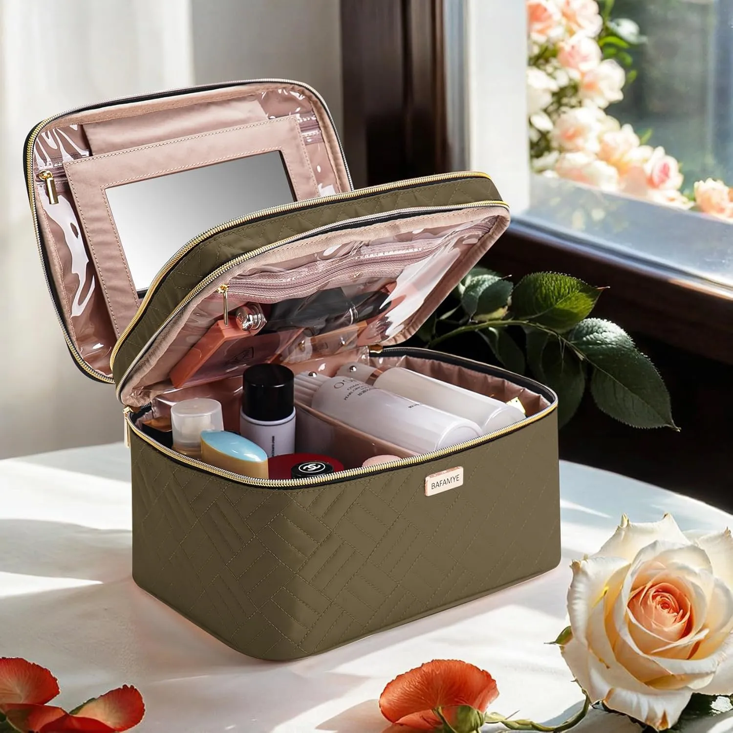 8.8L Double Layer Travel Makeup Bag With Mirror For Women, Large Cosmetic Case, Organizer for Travel-Size Accessories Bottles, Brushes,and Skin Care Products, 2.33 GAL, Brown…