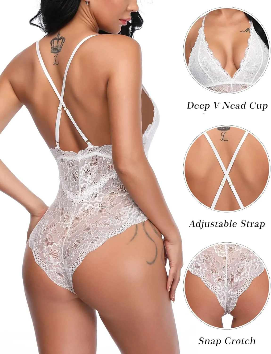 Aranmei Women's Sexy Lace Bodysuit Deep V Snap Crotch Teddy One Piece Lace Babydoll Lingerie