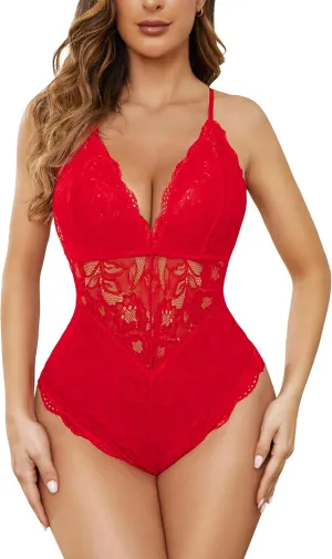 Aranmei Women's Sexy Lace Bodysuit Deep V Snap Crotch Teddy One Piece Lace Babydoll Lingerie