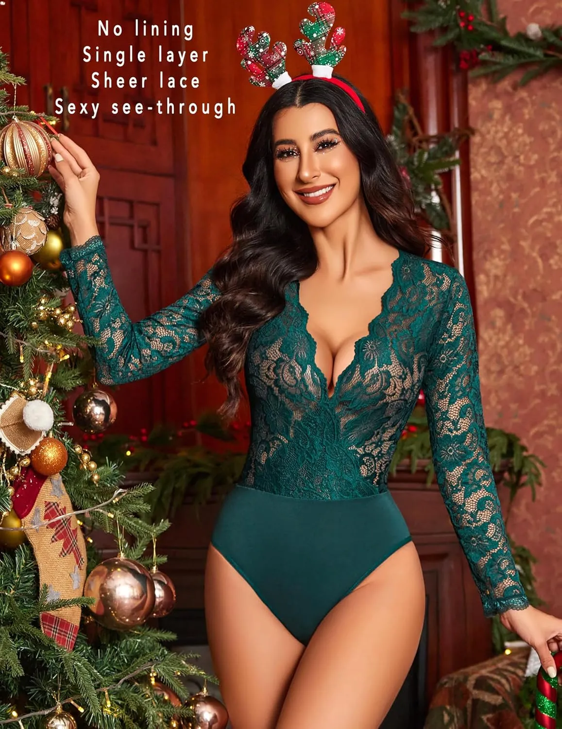 Avidlove Lace Bodysuit for Women Sexy Long Sleeve V Neck Body Suits Going Out Tops Snap Crotch One Piece Teddy Lingerie