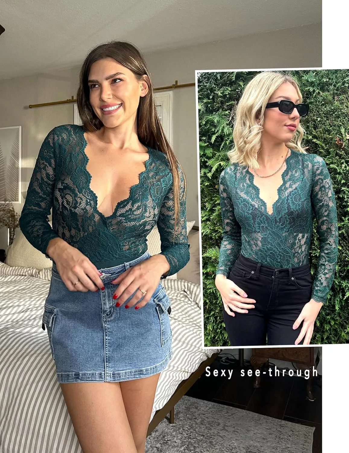 Avidlove Lace Bodysuit for Women Sexy Long Sleeve V Neck Body Suits Going Out Tops Snap Crotch One Piece Teddy Lingerie