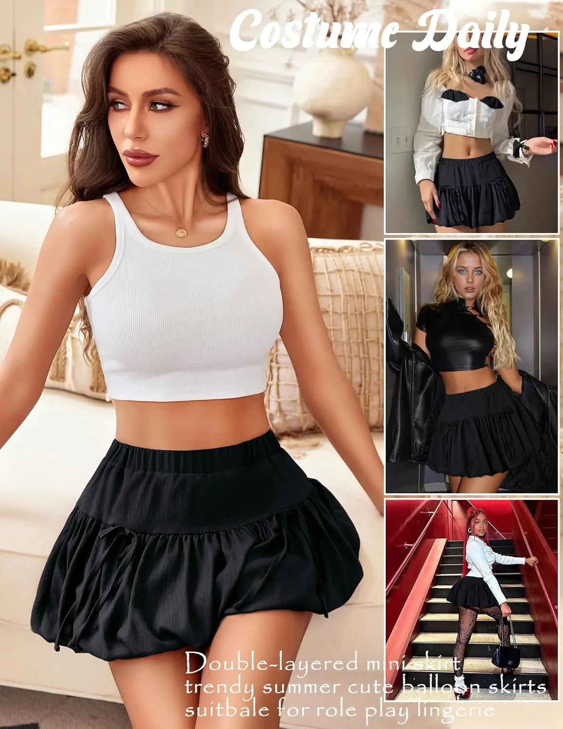 Avidlove Mini Skirt for Women Sexy Bubble Puffy Hem Y2K Elastic Waist A Line Basic Casual Skirts S-XXL
