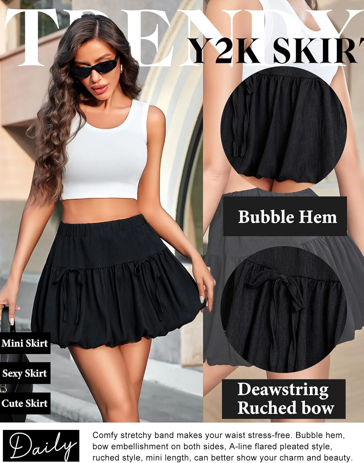 Avidlove Mini Skirt for Women Sexy Bubble Puffy Hem Y2K Elastic Waist A Line Basic Casual Skirts S-XXL