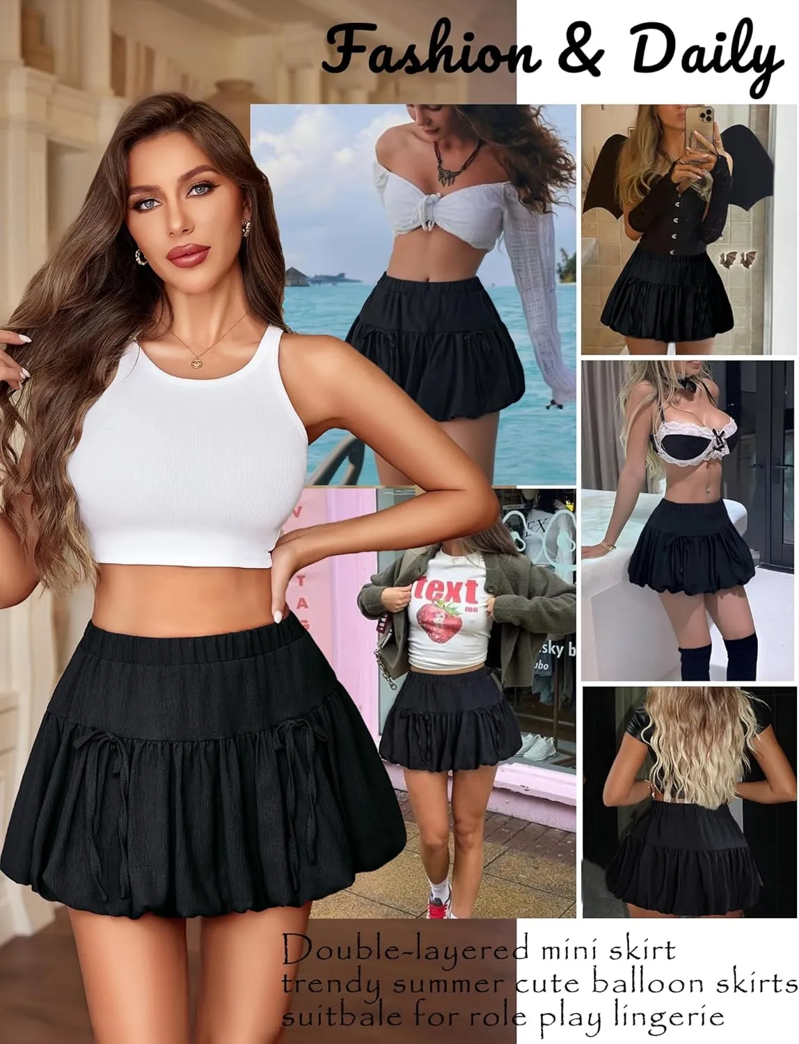 Avidlove Mini Skirt for Women Sexy Bubble Puffy Hem Y2K Elastic Waist A Line Basic Casual Skirts S-XXL