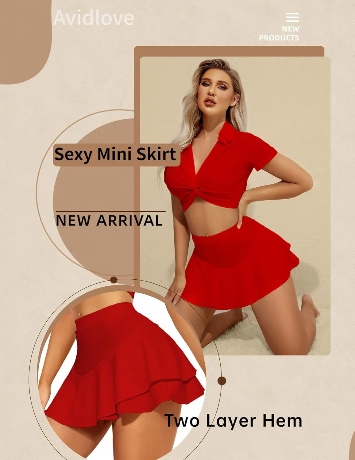 Avidlove Mini Skirt for Women Sexy Solid Ruffle Trim Lingerie Skirt Short High Waist Two Layer Hem Skirt