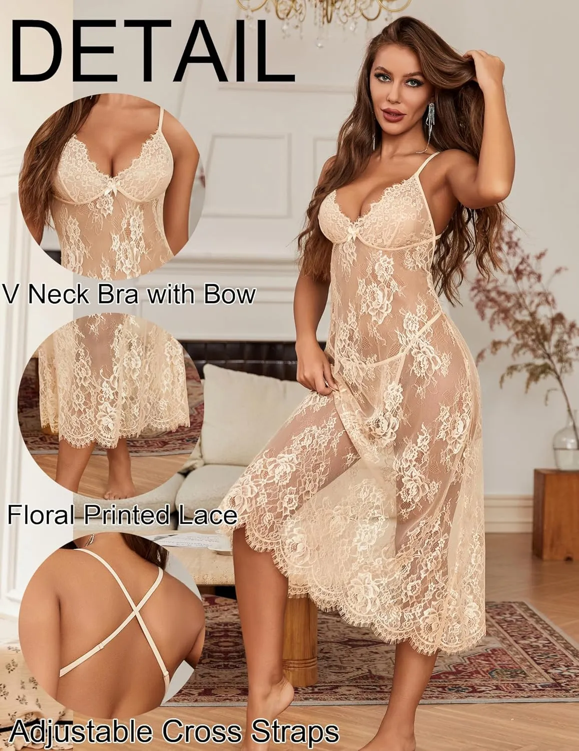 Avidlove Women Lingerie Floral Lace Halter Babydoll Lingerie Dress With Thong Nightdress Nightgown for Women