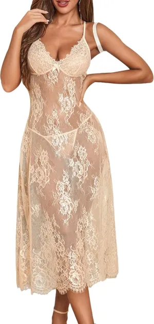 Avidlove Women Lingerie Floral Lace Halter Babydoll Lingerie Dress With Thong Nightdress Nightgown for Women