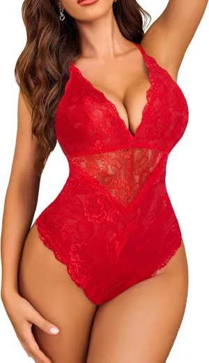 Avidlove Women Snap Crotch Lingerie Sexy Lace Bodysuit Deep V Teddy One Piece Lace Babydoll
