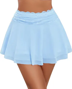 Avidlove Women's Pleated Mini Skirt Lace Mesh Layered Ruffled Lingerie Short Skirts