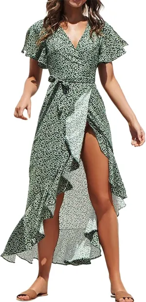 Birthday Dresses for Women Ruffle Swing Mermaid Short Flutter Sleeve Tie Waist Resort Dresses Baby Shower Outfit for Guest