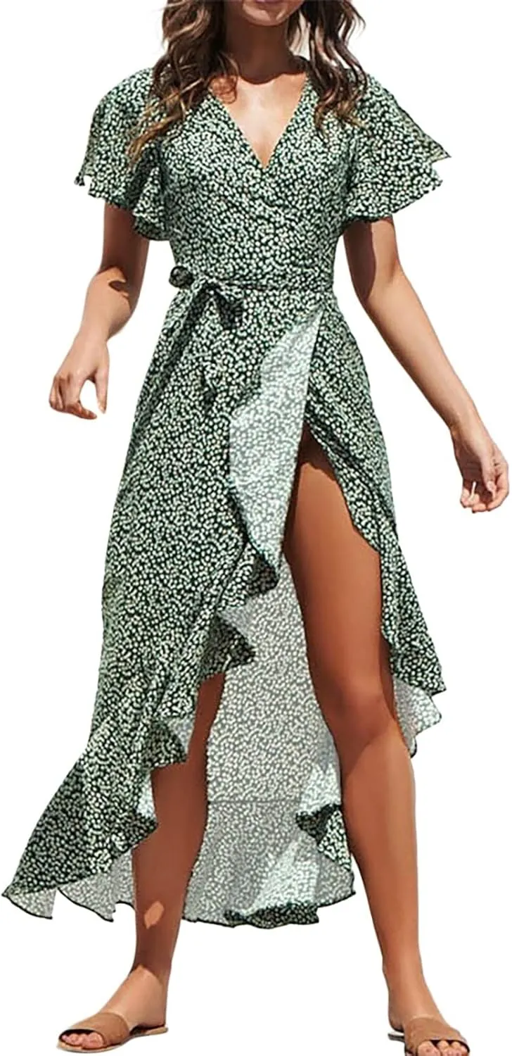 Birthday Dresses for Women Ruffle Swing Mermaid Short Flutter Sleeve Tie Waist Resort Dresses Baby Shower Outfit for Guest