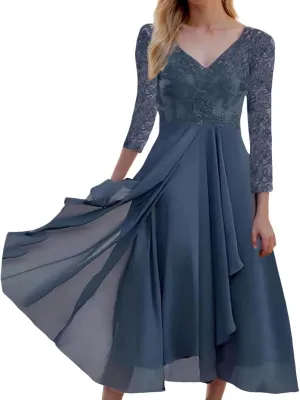 Blue Dress Women Elegant Fitted Chiffon 3/4 Sleeve V Neck Mid Length Flowy Dress Evening Party Spring Break Outfit Women