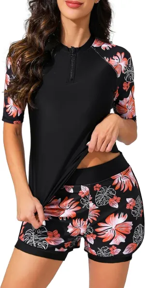 Bonneuitbebe Women 2 Piece UPF 50  Rash Guard Short Sleeve Half Zip Swim Shirt Built in Bra Swimsuit with Boyshort Bottom