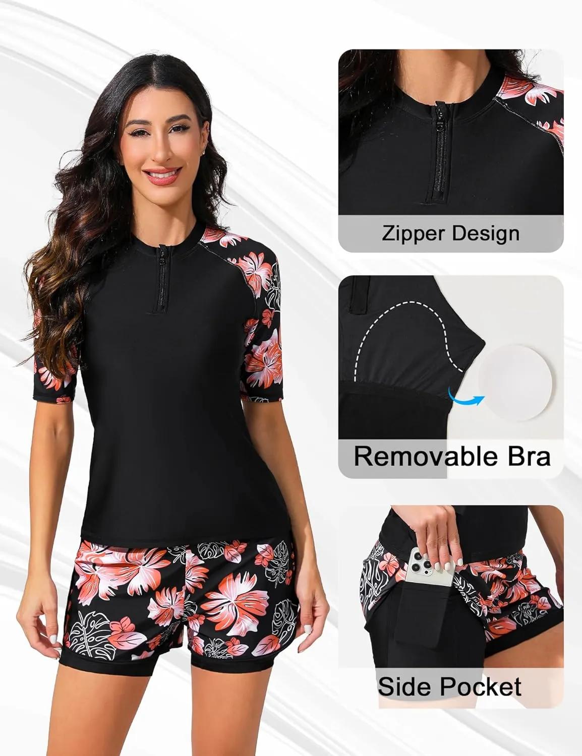 Bonneuitbebe Women 2 Piece UPF 50  Rash Guard Short Sleeve Half Zip Swim Shirt Built in Bra Swimsuit with Boyshort Bottom