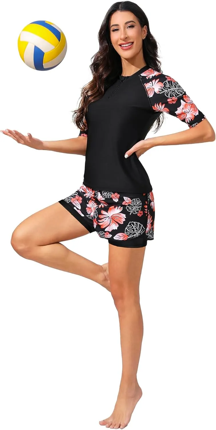 Bonneuitbebe Women 2 Piece UPF 50  Rash Guard Short Sleeve Half Zip Swim Shirt Built in Bra Swimsuit with Boyshort Bottom