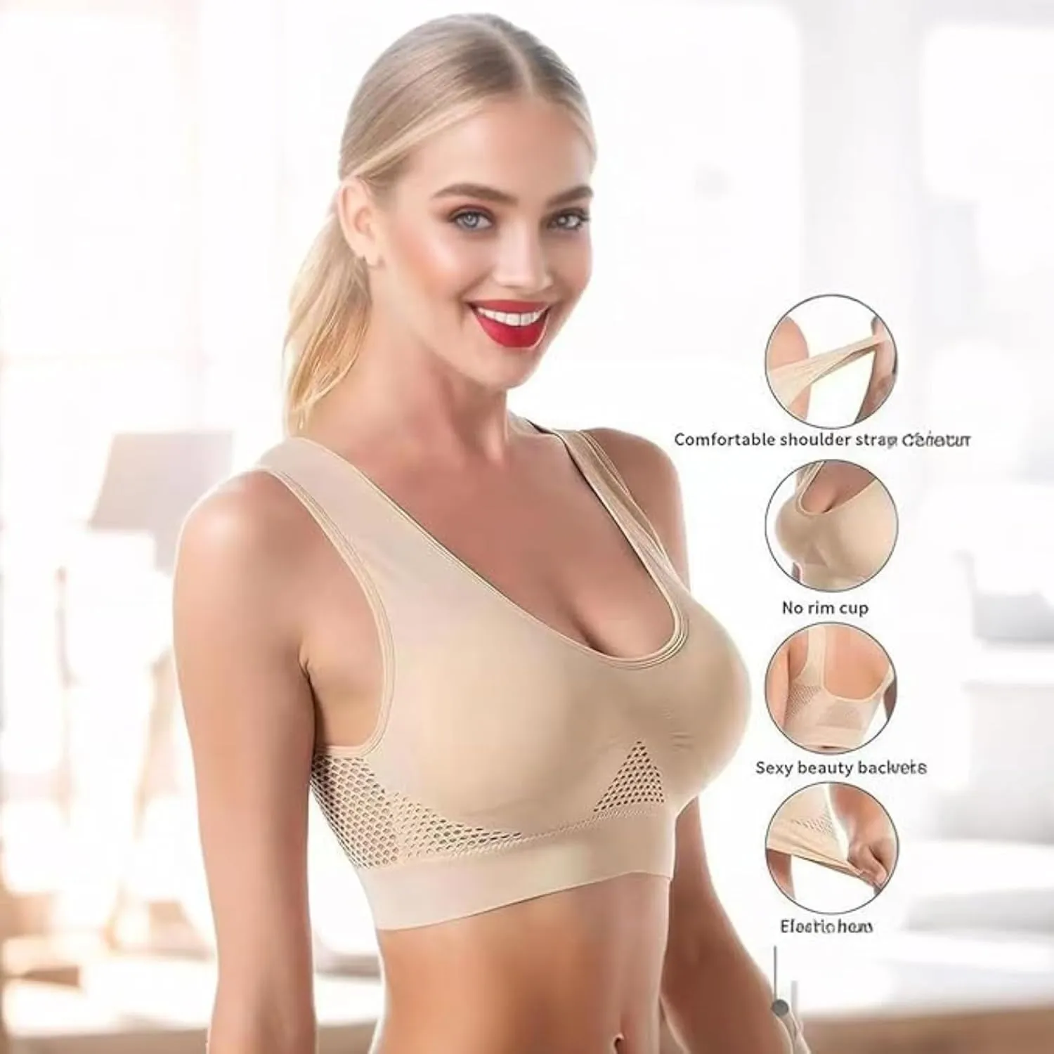 Breathable Anti-Sagging Sports Bras for Women Plus Size High Support Wireless Bra with Cooling Lift-Up Air Tech Mesh