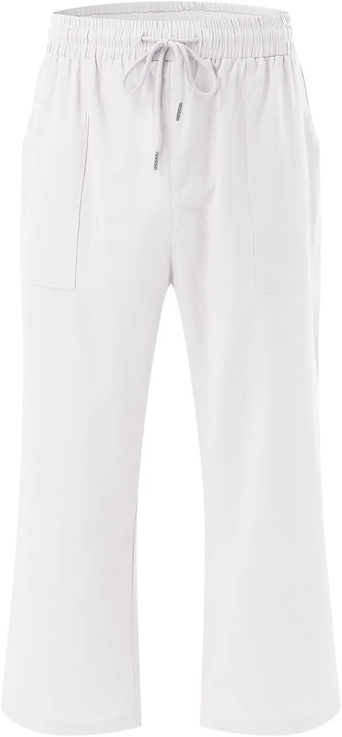 Capri Pants for Women Cotton Linen Casual Summer Straight Leg Loose High Waist Cropped Trouser Beach Pant