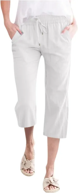 Capri Pants for Women Cotton Linen Casual Summer Straight Leg Loose High Waist Cropped Trouser Beach Pant