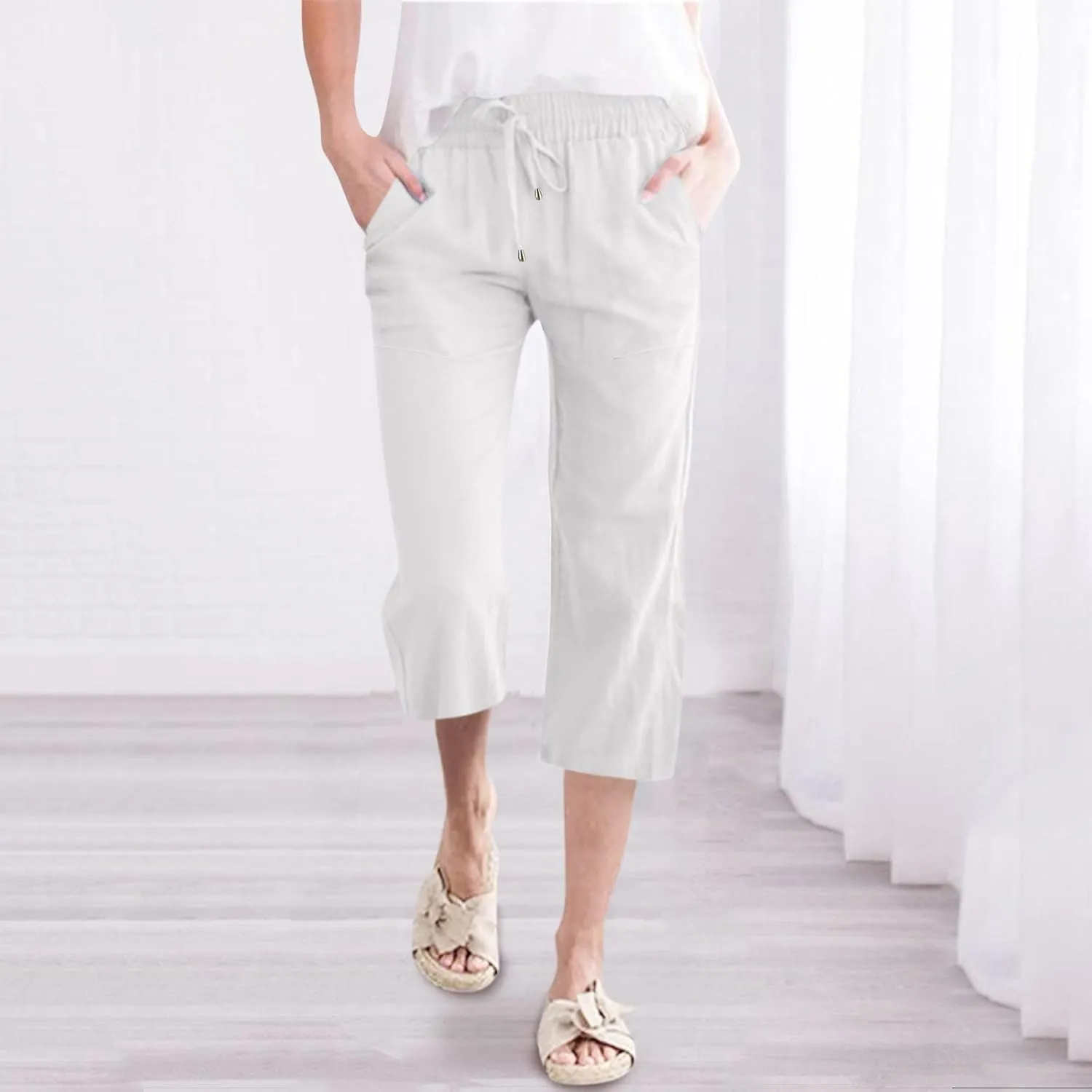 Capri Pants for Women Cotton Linen Casual Summer Straight Leg Loose High Waist Cropped Trouser Beach Pant