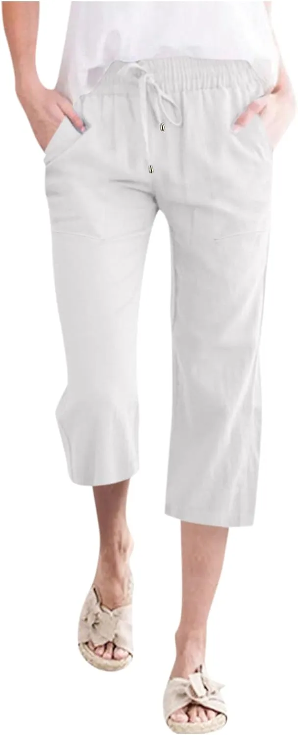 Capri Pants for Women Cotton Linen Casual Summer Straight Leg Loose High Waist Cropped Trouser Beach Pant