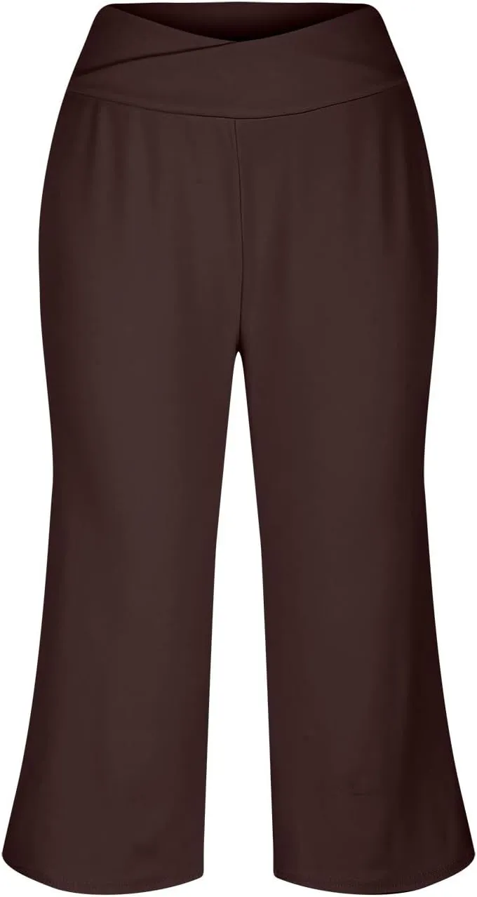 Capri Pants for Women Crossover High Waist Wide Leg Yoga Dress Capris Summer Casual Plus Size Crop Pants with Pockets
