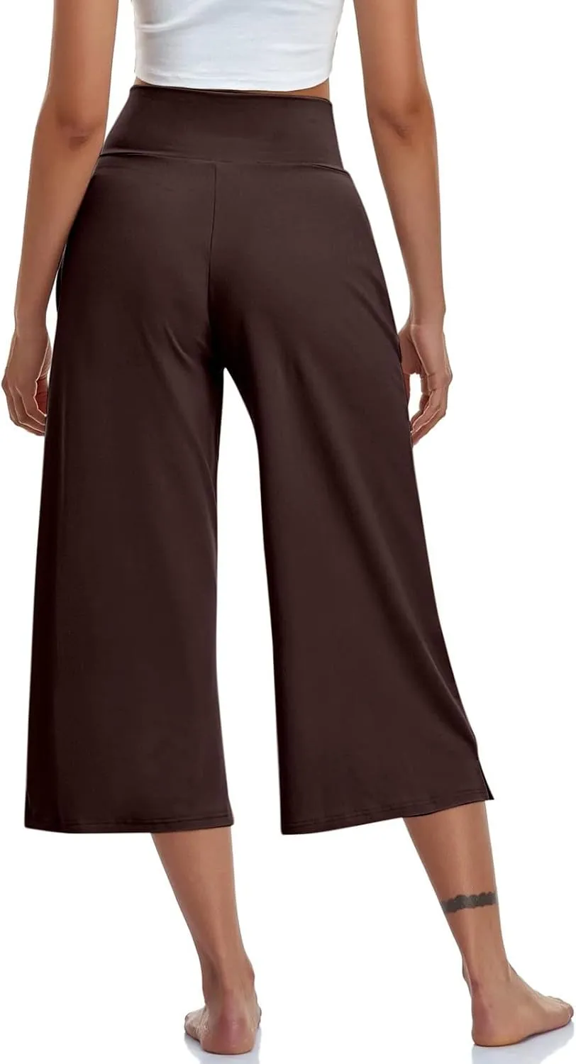 Capri Pants for Women Crossover High Waist Wide Leg Yoga Dress Capris Summer Casual Plus Size Crop Pants with Pockets