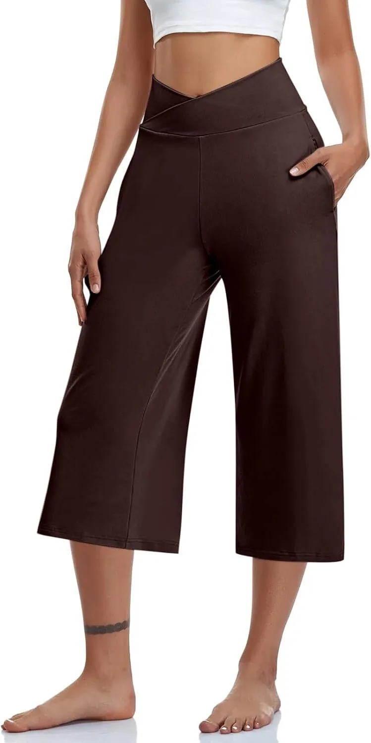 Capri Pants for Women Crossover High Waist Wide Leg Yoga Dress Capris Summer Casual Plus Size Crop Pants with Pockets