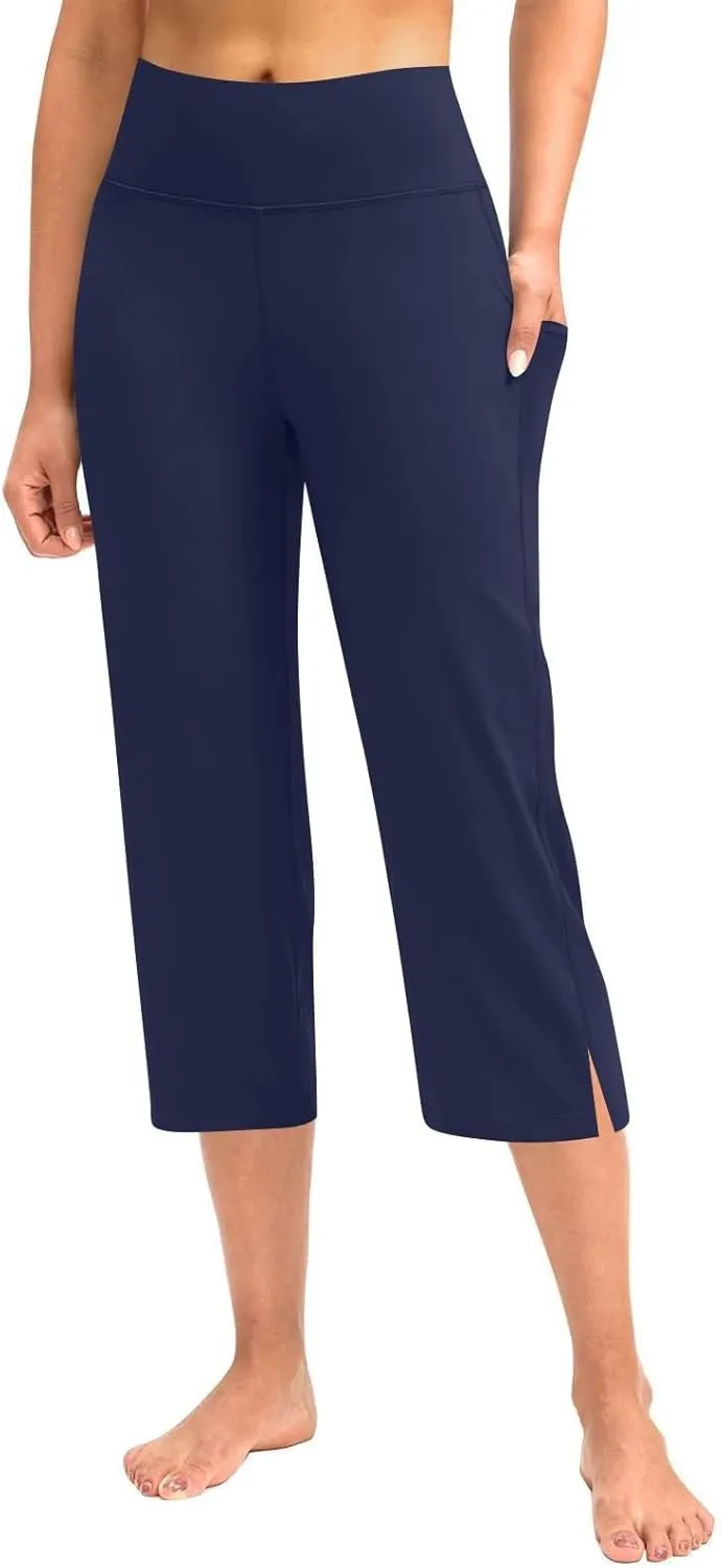 Capri Pants for Women Dressy Casual Stretch Wide Leg Yoga Dress Capris Summer Loose Split Work Crop Pant with Pocket