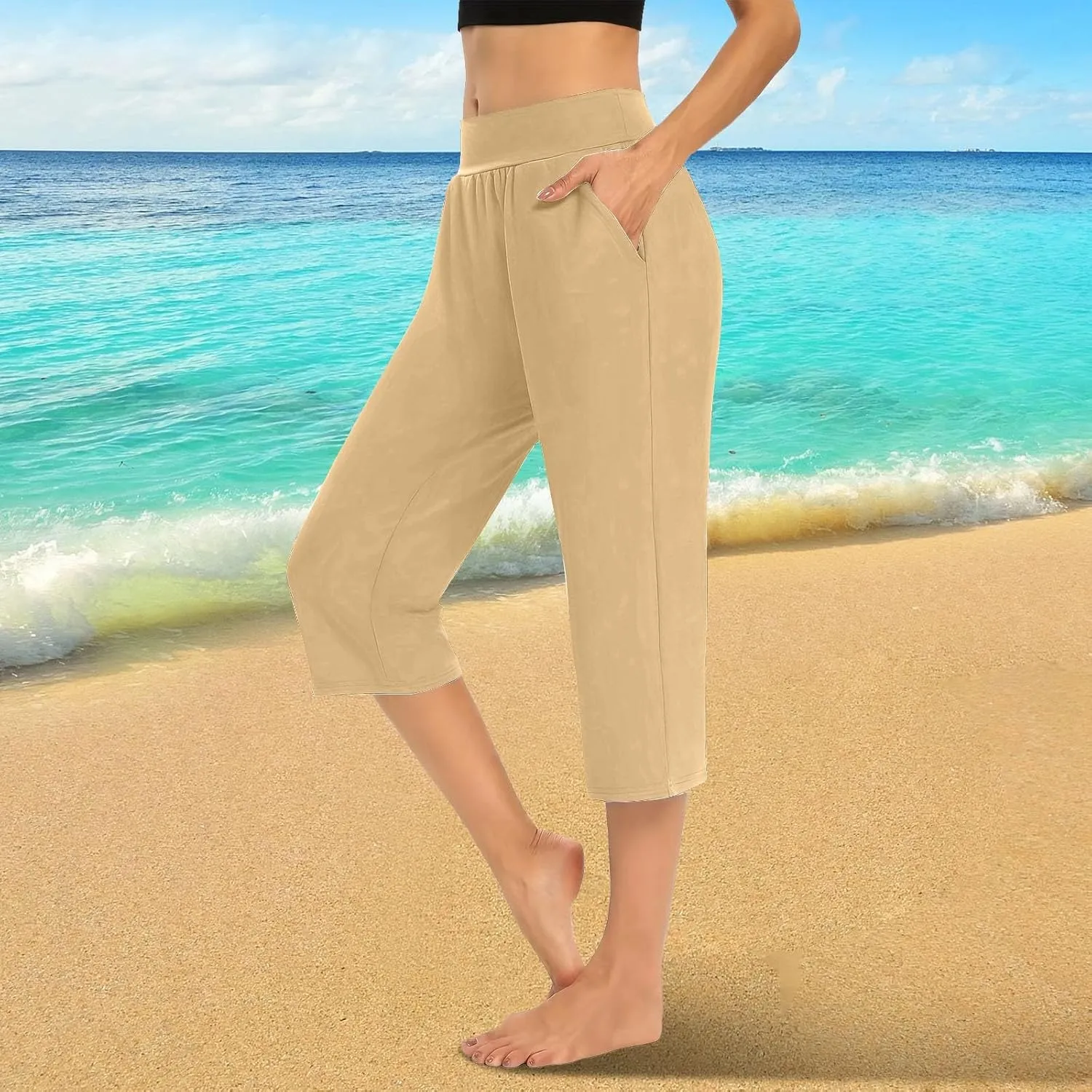 Capris for Women Casual Summer Wide Leg Crop Pants Loose Comfy Drawstring Yoga Jogger Capri Pants with Pockets