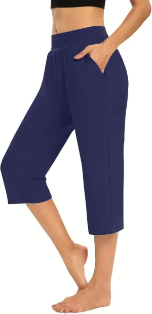 Capris for Women Casual Summer Wide Leg Crop Pants Loose Comfy Drawstring Yoga Jogger Capri Pants with Pockets