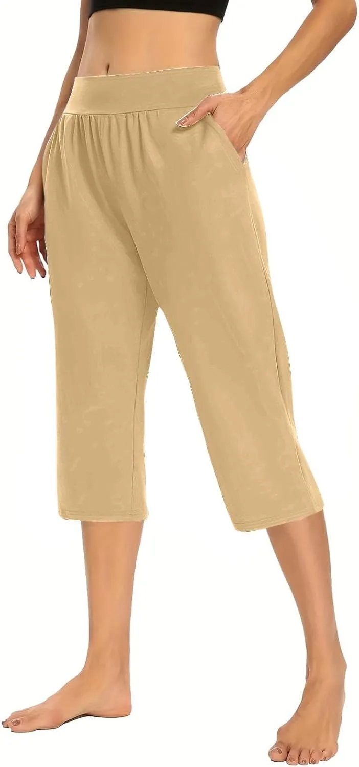 Capris for Women Casual Summer Wide Leg Crop Pants Loose Comfy Drawstring Yoga Jogger Capri Pants with Pockets