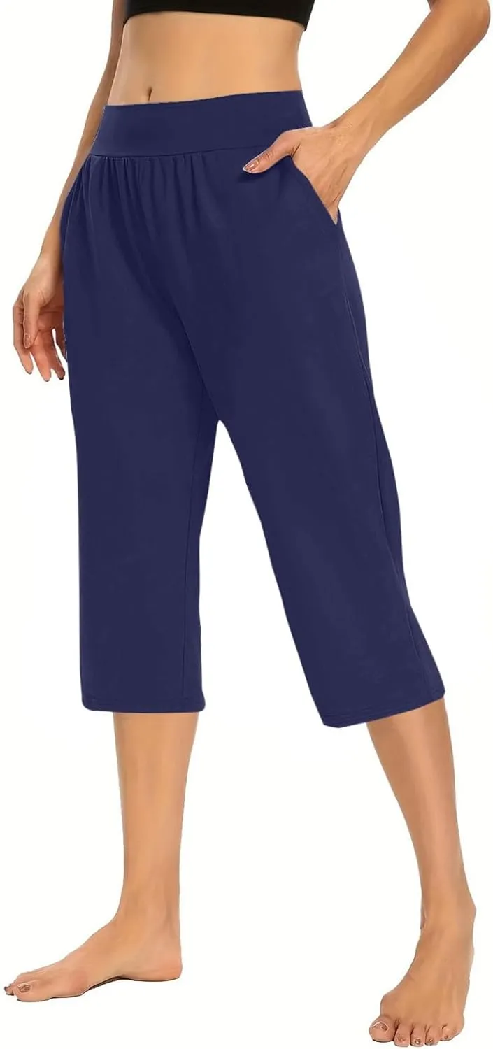 Capris for Women Casual Summer Wide Leg Crop Pants Loose Comfy Drawstring Yoga Jogger Capri Pants with Pockets