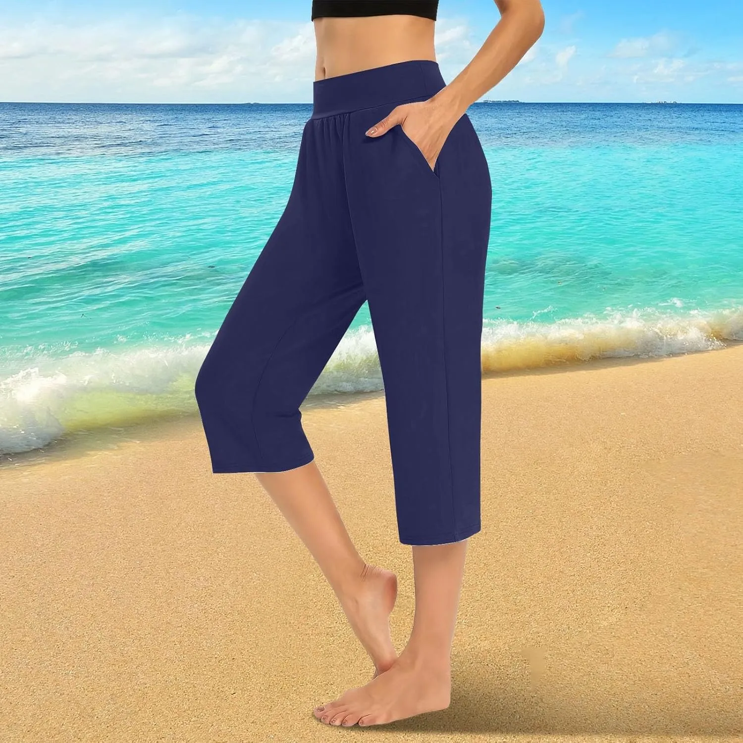 Capris for Women Casual Summer Wide Leg Crop Pants Loose Comfy Drawstring Yoga Jogger Capri Pants with Pockets