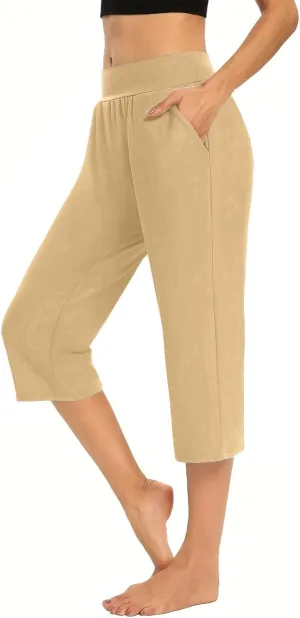 Capris for Women Casual Summer Wide Leg Crop Pants Loose Comfy Drawstring Yoga Jogger Capri Pants with Pockets
