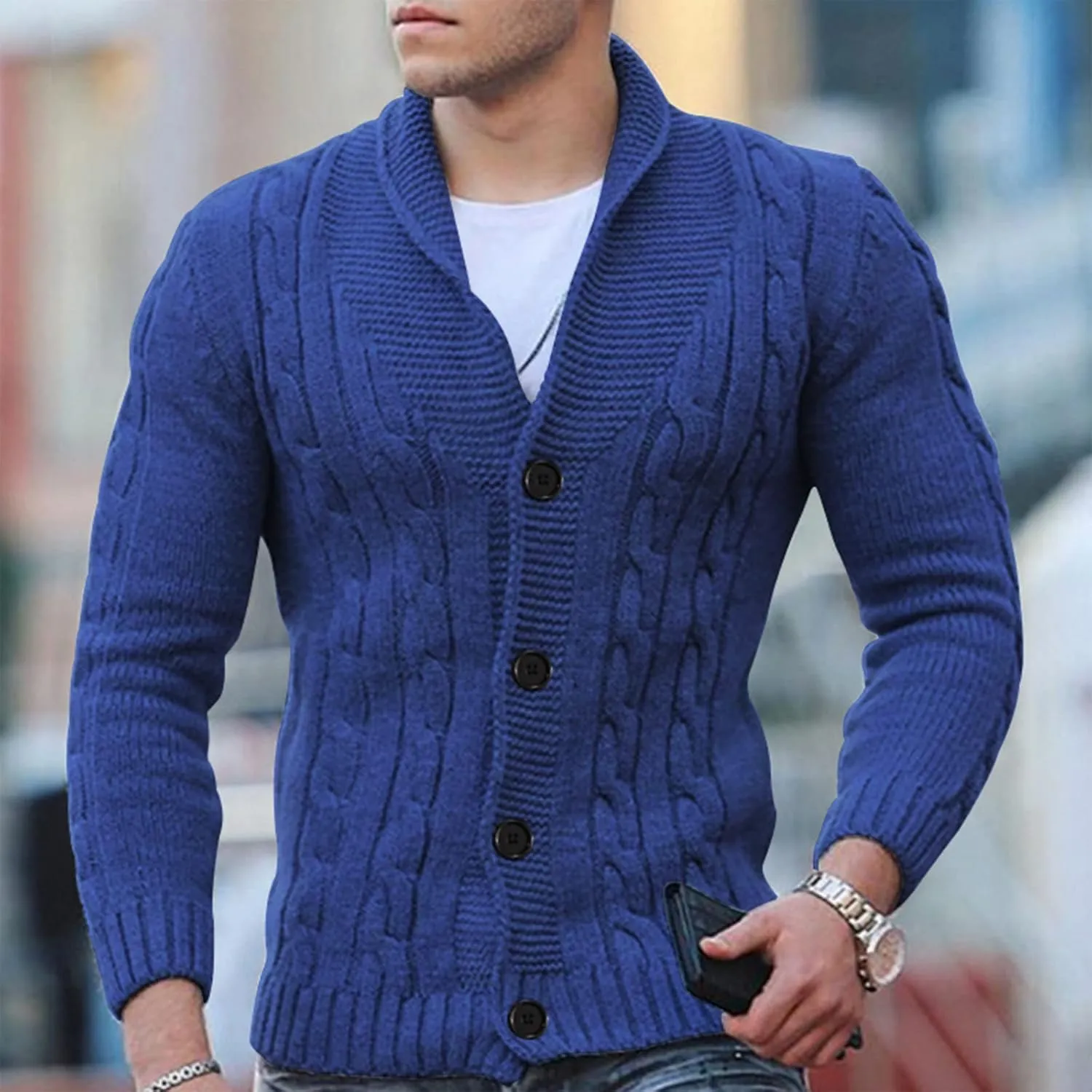 Cardigan Sweater Men 2024 Stylish Slimfit Shawl Collar Cardigans Casual Cable Knitted Button Down Sweater With Pocket