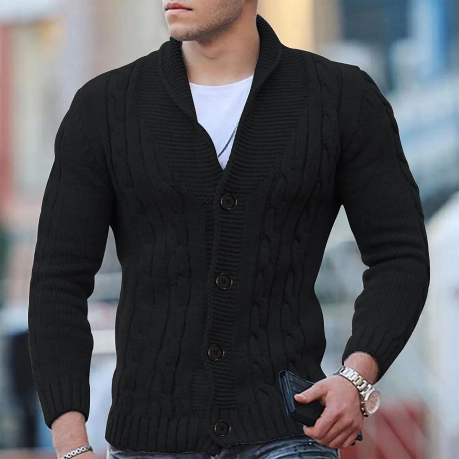 Cardigan Sweater Men 2024 Stylish Slimfit Shawl Collar Cardigans Casual Cable Knitted Button Down Sweater With Pocket