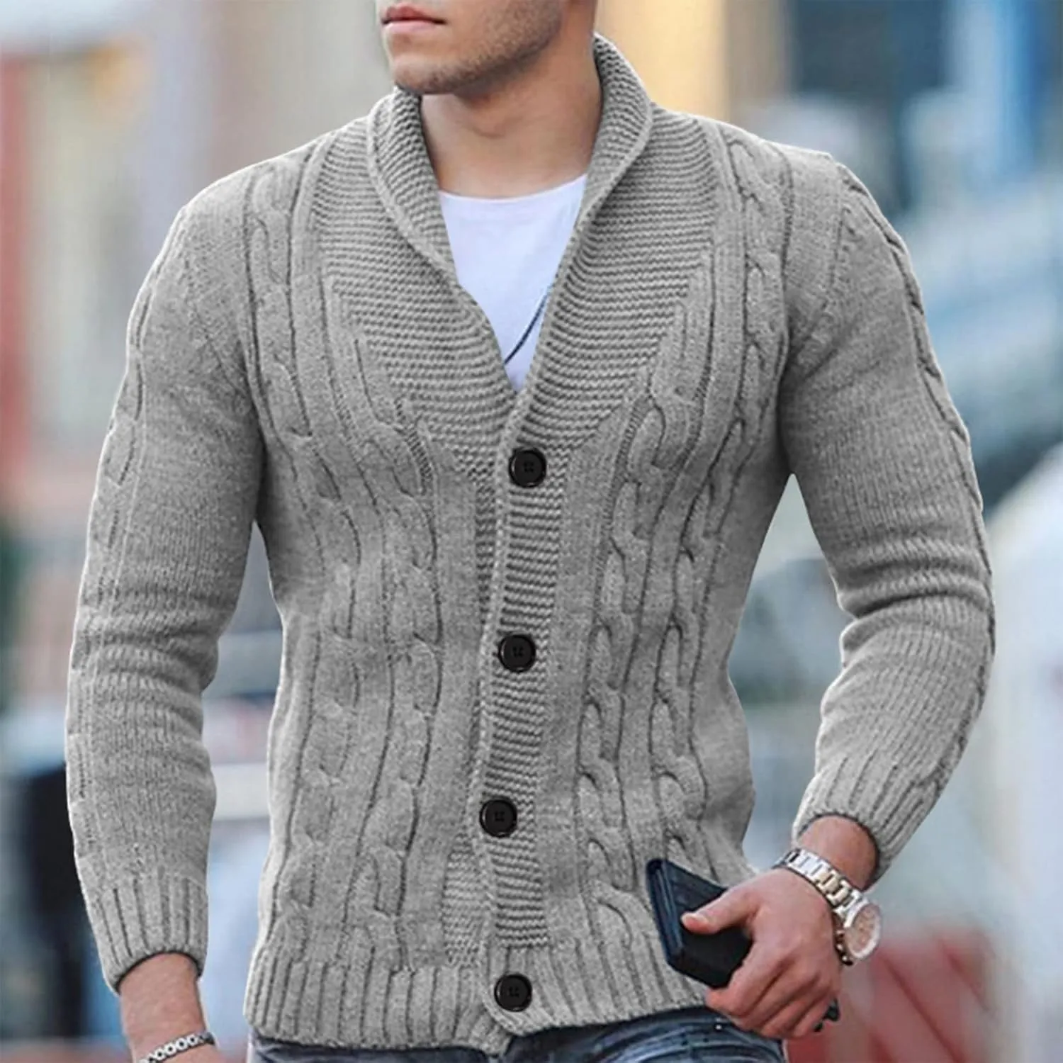 Cardigan Sweater Men 2024 Stylish Slimfit Shawl Collar Cardigans Casual Cable Knitted Button Down Sweater With Pocket