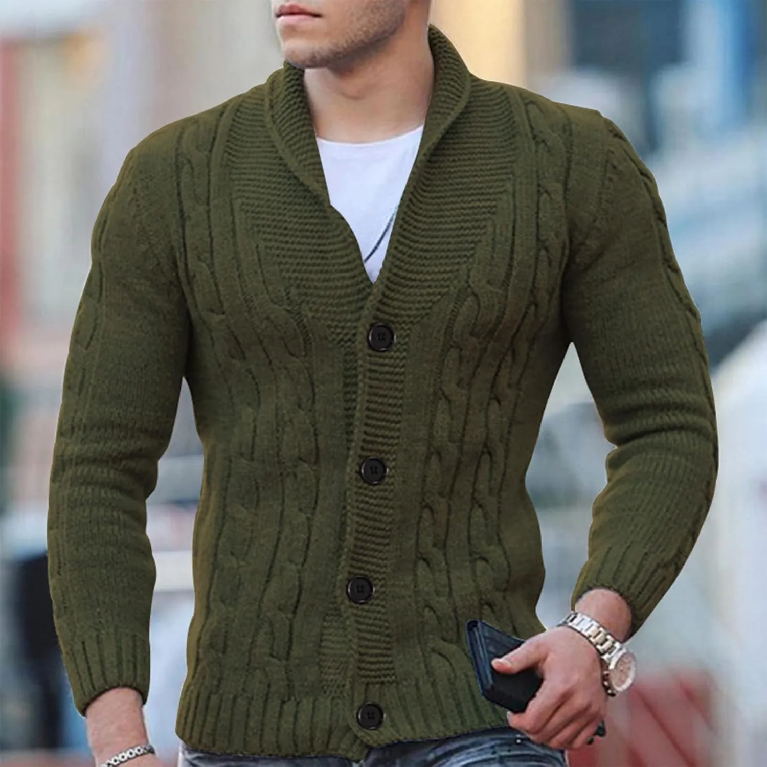 Cardigan Sweater Men 2024 Stylish Slimfit Shawl Collar Cardigans Casual Cable Knitted Button Down Sweater With Pocket