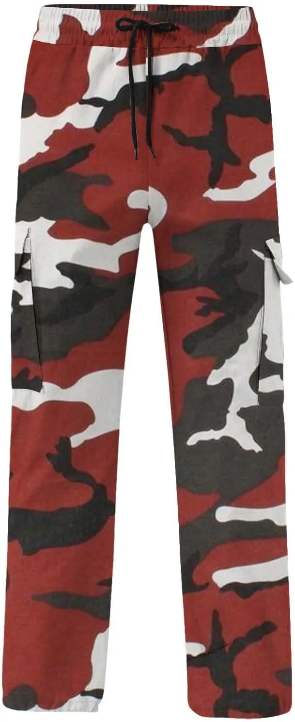 Cargo Pants for Men Camo Print Thin Hiking Pants Elastic Waist Drawstring Work Pants Multi Pockets Fit Tactical Pants
