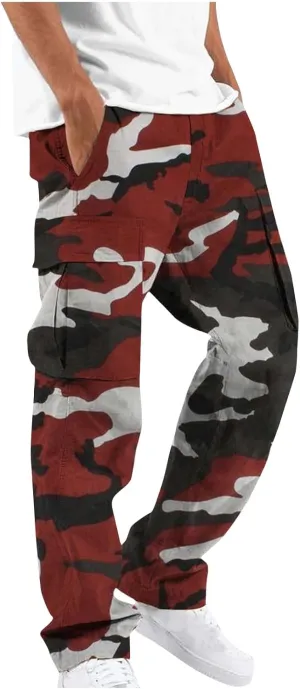 Cargo Pants for Men Camo Print Thin Hiking Pants Elastic Waist Drawstring Work Pants Multi Pockets Fit Tactical Pants