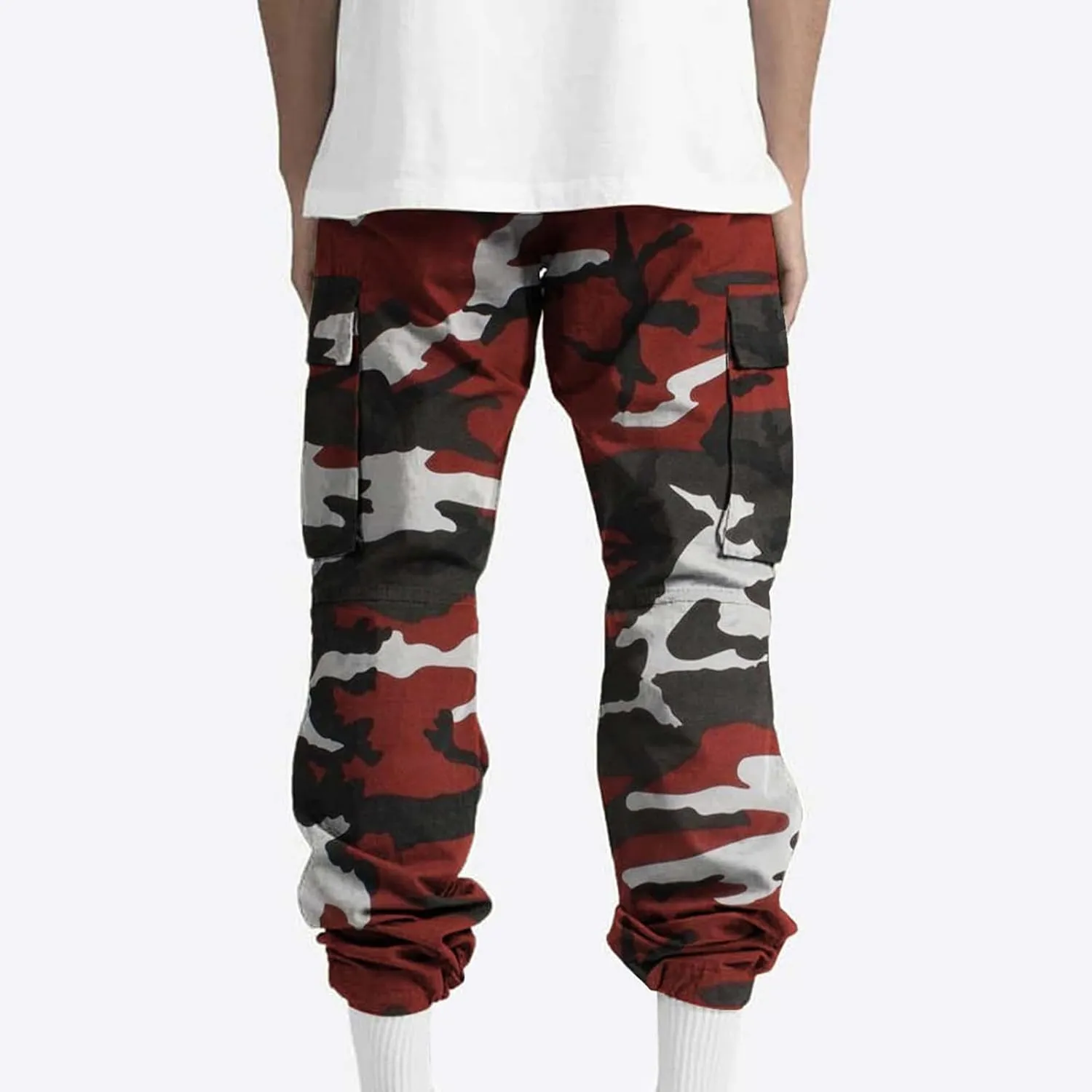 Cargo Pants for Men Camo Print Thin Hiking Pants Elastic Waist Drawstring Work Pants Multi Pockets Fit Tactical Pants