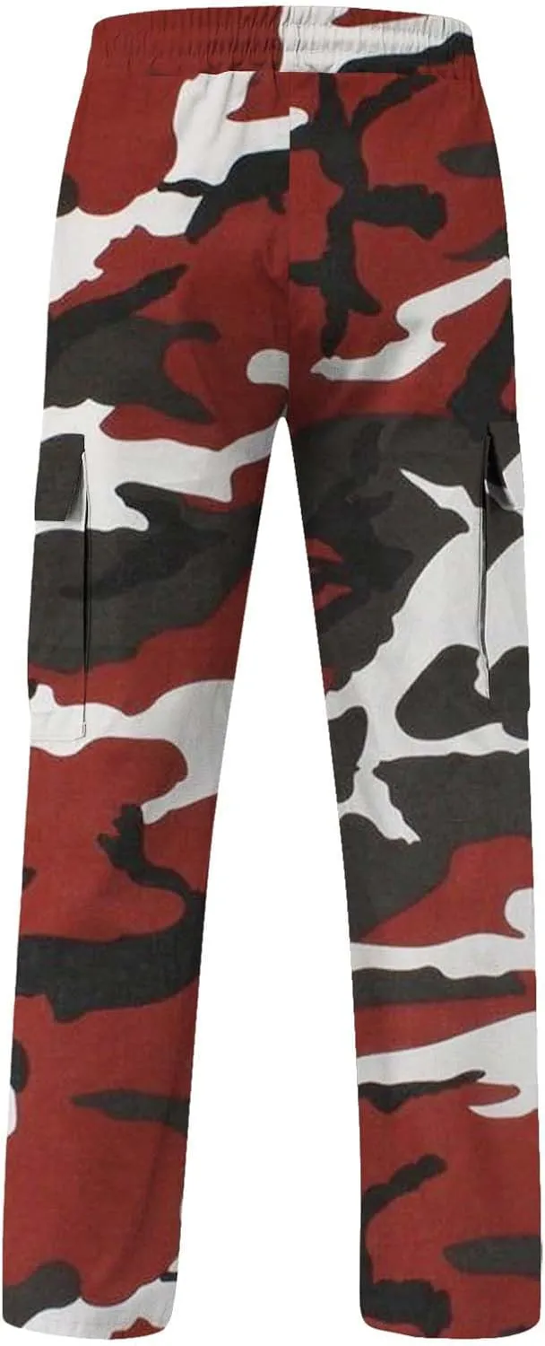 Cargo Pants for Men Camo Print Thin Hiking Pants Elastic Waist Drawstring Work Pants Multi Pockets Fit Tactical Pants